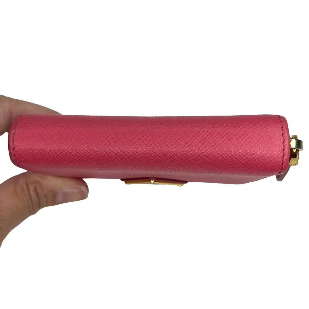 Prada Saffiano Leather Zip Coin Purse Compact Wallet Pink Gold Logo Italy Small